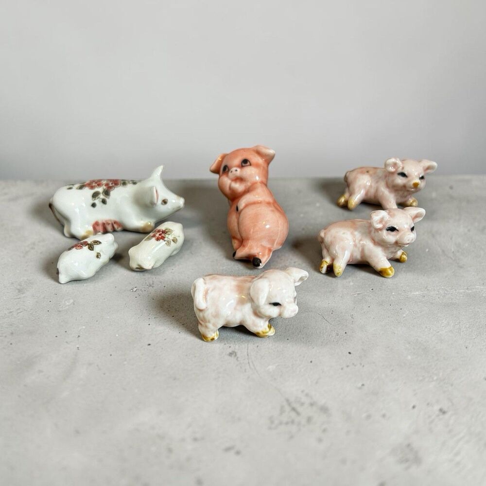 Vintage Lot of 7 Mini Ceramic Pig Figurines Pig Family Collectibles Farm Decor